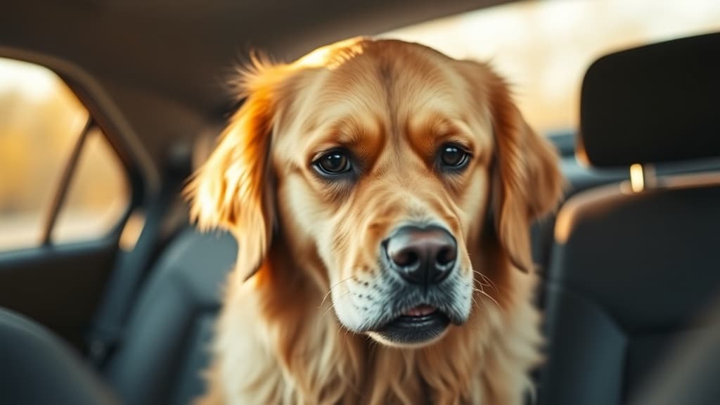 車の後部座席に座り不安そうな表情を見せるゴールデンレトリバー。車酔いの症状を表現した写真