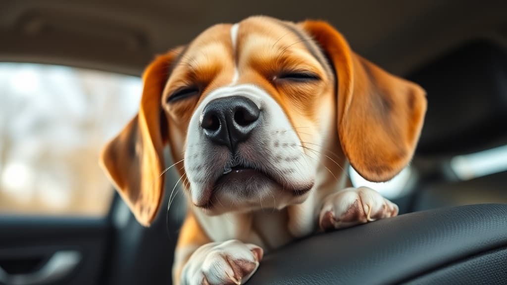車内で車酔いの症状を示すビーグル犬。半分閉じた目と疲れた表情で車酔いのサインを表している