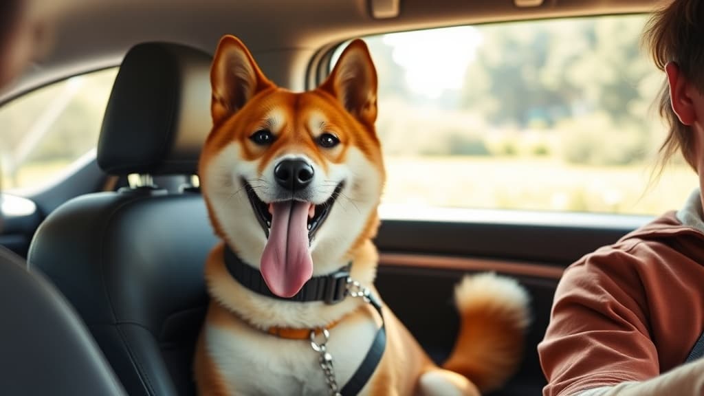 車の後部座席でリラックスして座る柴犬とドッグハーネスを装着した犬を車に慣らすトレーニングの様子