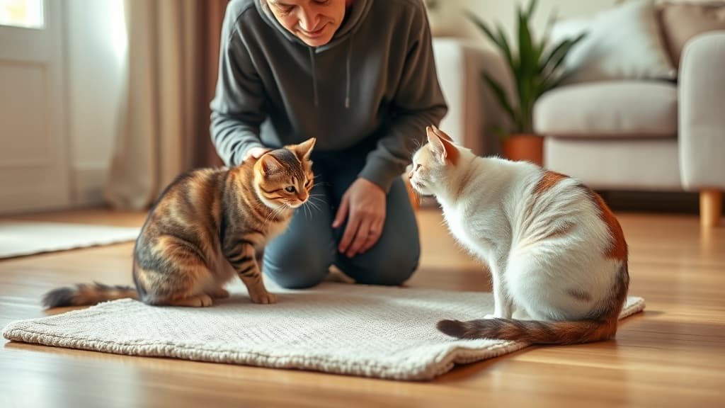 動物病院から帰宅後の猫同士の再会シーン。飼い主が見守る中、2匹の猫がお互いの匂いを確認している様子