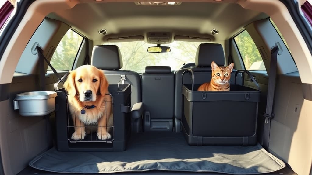 SUV車内での犬と猫の安全な多頭移動レイアウト。ハードキャリーと給水器を配置した車内環境