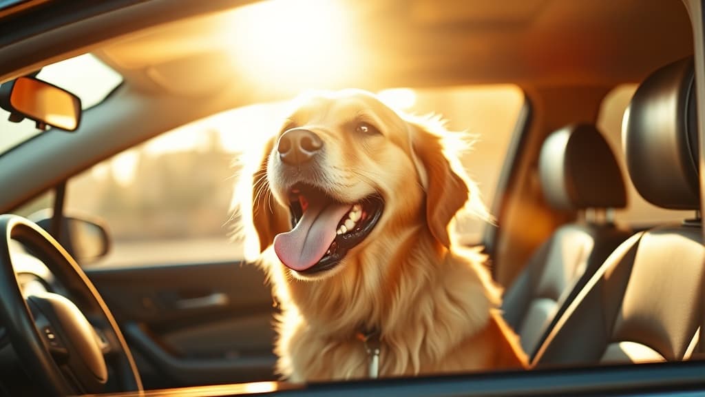 夏の車内で舌を出してハァハァしている犬の写真。暑さによるペットの危険性を表現