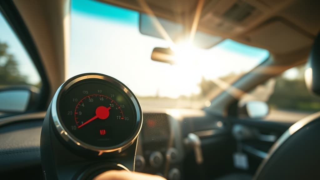 車内の温度計が高温を示している夏の車内の様子、強い日差しがフロントガラスから差し込む危険な暑さ