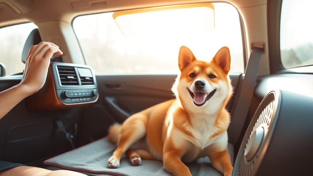 車内で快適に過ごす柴犬と飼い主の手がエアコンを調整している様子