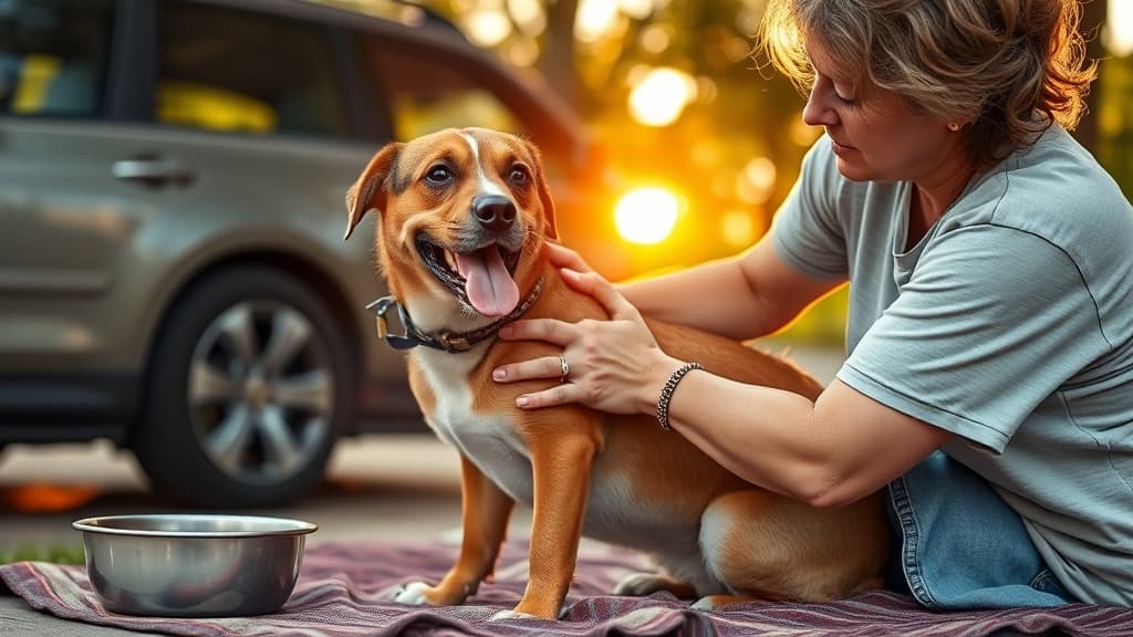 車の近くで熱中症の犬に応急処置を行う飼い主、水入れボウルと涼しい場所で犬をケアしている様子