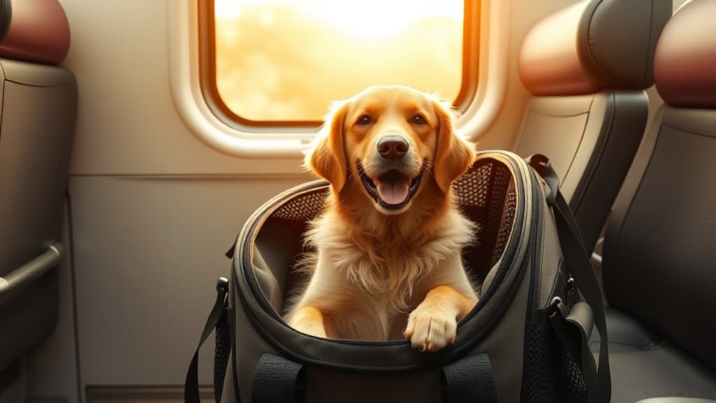 新幹線の座席に置かれたペットキャリーバッグに入って快適そうにしているゴールデンレトリバー
