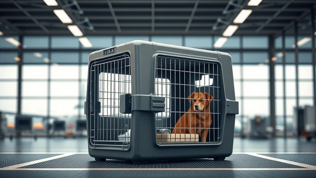 空港内に設置されたIATA承認ペット輸送用クレート。飛行機での犬の安全輸送を示す画像