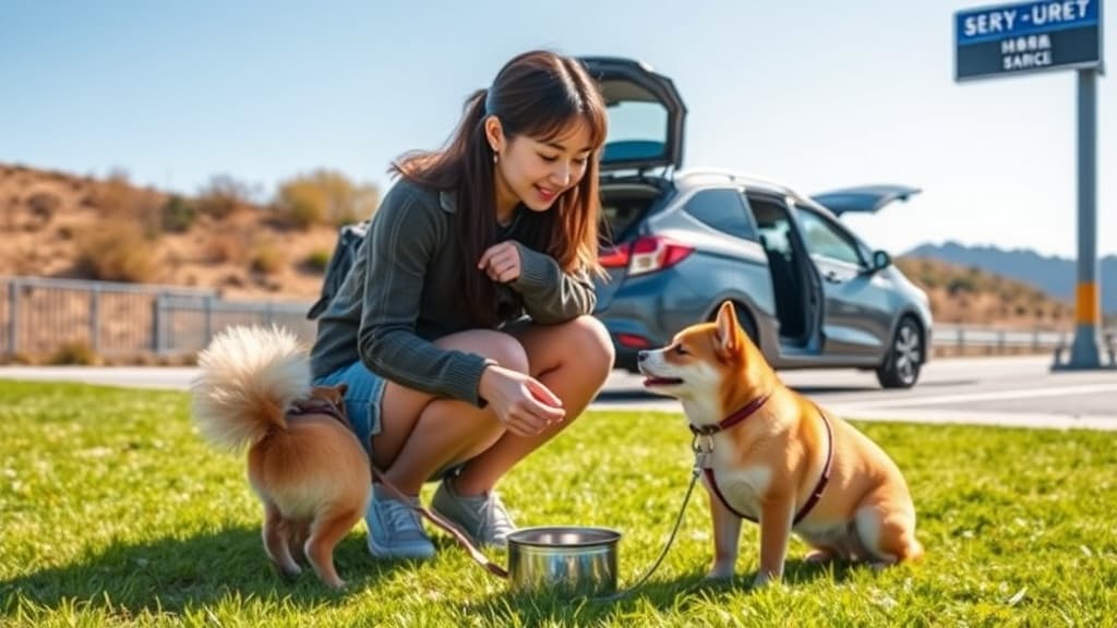 高速道路サービスエリアでペットの柴犬に水を与える女性の様子。車での長距離移動時の休憩風景