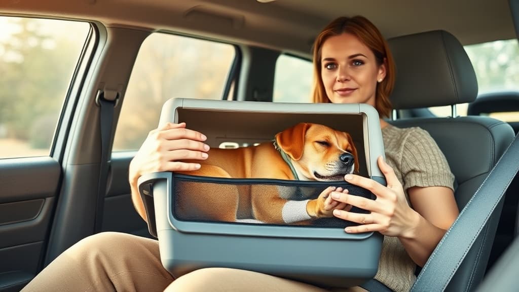 車内でペットキャリアに入った包帯を巻いた犬を抱える飼い主の様子
