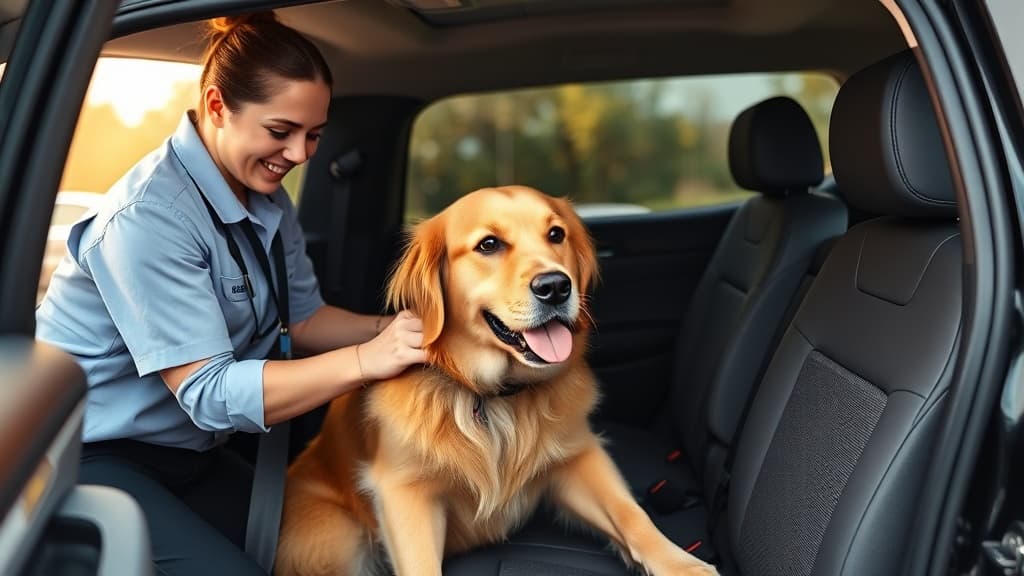 ペットタクシーの車両前で小型犬を抱く飼い主とドライバー