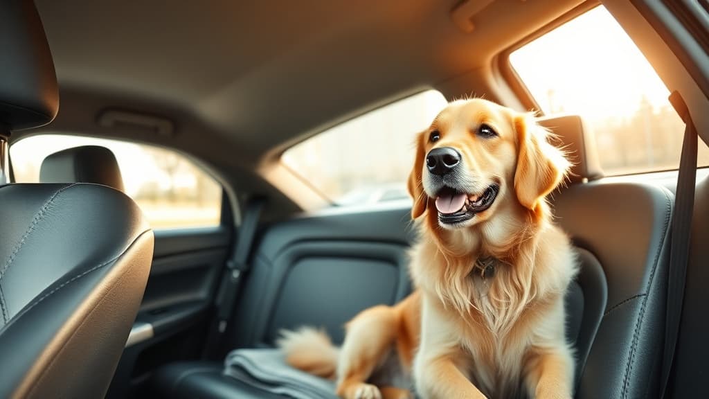 ペットタクシーの後部座席でリラックスしているゴールデンレトリバー犬の様子