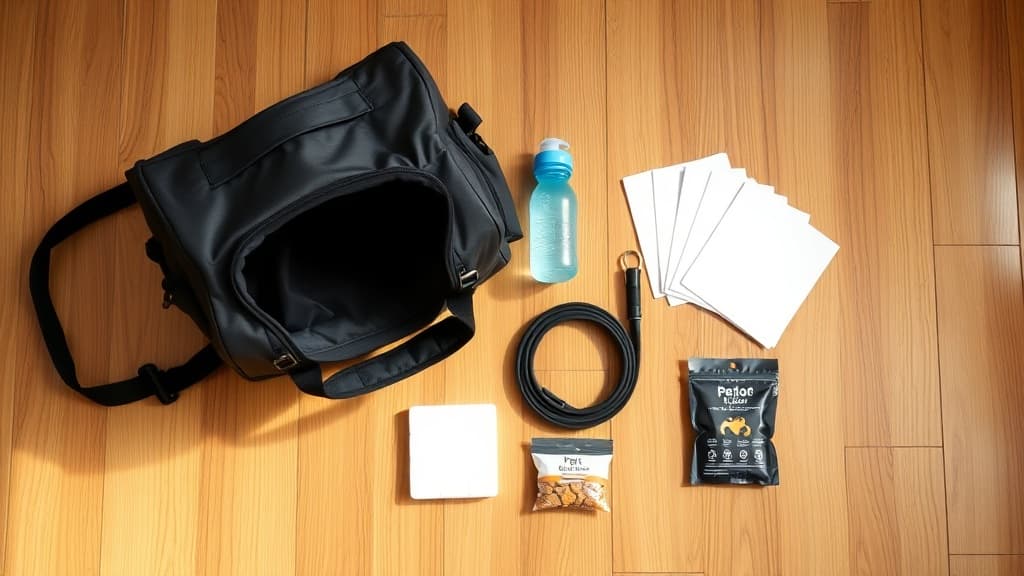 ペット旅行に必要な準備用品一式:キャリーバッグ、給水ボトル、ペットシーツ、リード、おやつが木製フロアに整理されて配置